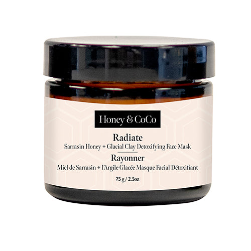 Radiate: Detoxifying Face Mask jar. Naturally made with Sarrasin Honey and Glacial Clay by Honey & CoCo.