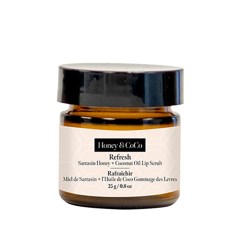 Refresh: Lip Scrub jar. Cruelty-free exfoliation with Sarrasin Honey and Coconut Oil by Honey & CoCo. 