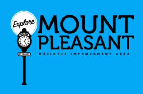 Blue “Explore Mount Pleasant, Business Improvement Area” logo. 