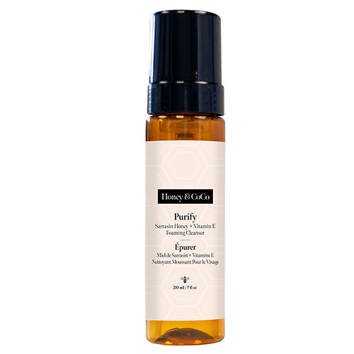 Purify: Foaming Daily Facial Cleanser bottle. Purifying with Sarrasin Honey and Vitamin E by Honey & CoCo. 