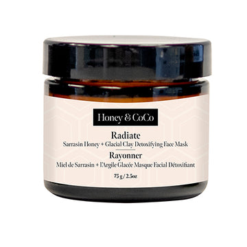 Radiate: Detoxifying Face Mask jar. Naturally made with Sarrasin Honey and Glacial Clay by Honey & CoCo. 
