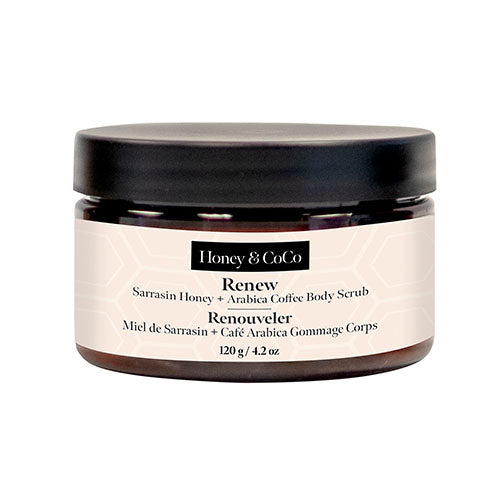 Renew: Coffee Body Scrub jar. Naturally exfoliating with organic Sarrasin Honey and Arabica Coffee by Honey & CoCo. 